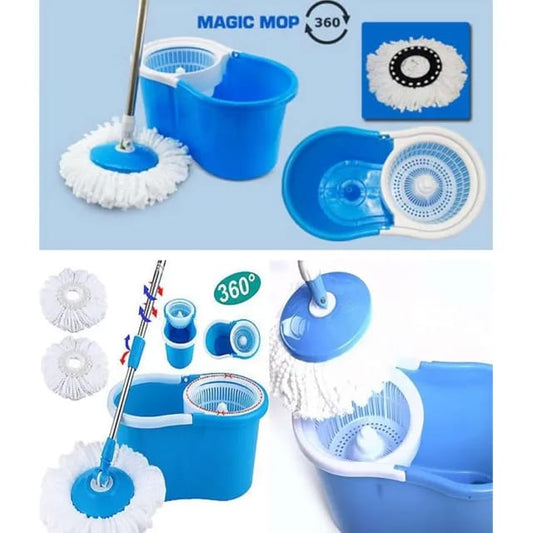 Easy Spin Magic Mop Set With Plastic Bucket - 360 Degree Microfiber Mop Head Home Clean Tool