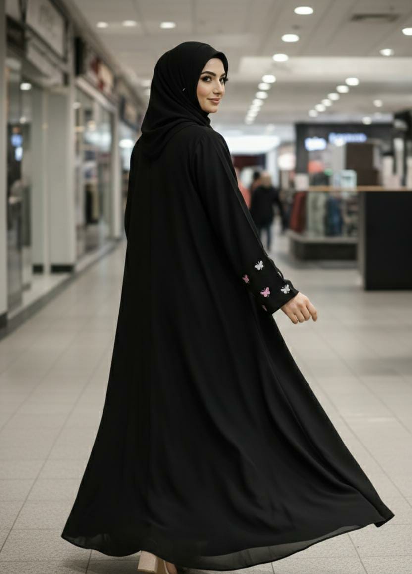 Georgette Front-Open Abaya | Intricate Sleeve Embroidery | High-Flare Ghera