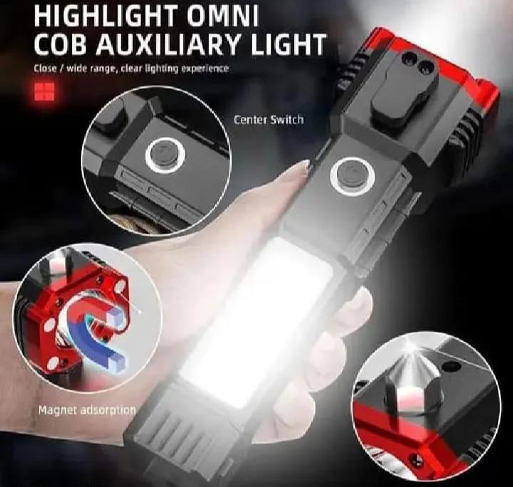 Rechargeable Tactical LED Flashlight with Emergency Hammer & Seatbelt Cutter