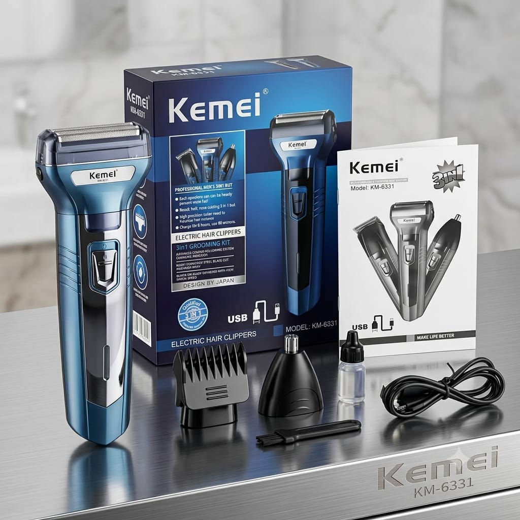 Kemei 3-in-1 Men's Grooming Kit – Electric Shaver, Hair Trimmer & USB Rechargeable Grooming Set