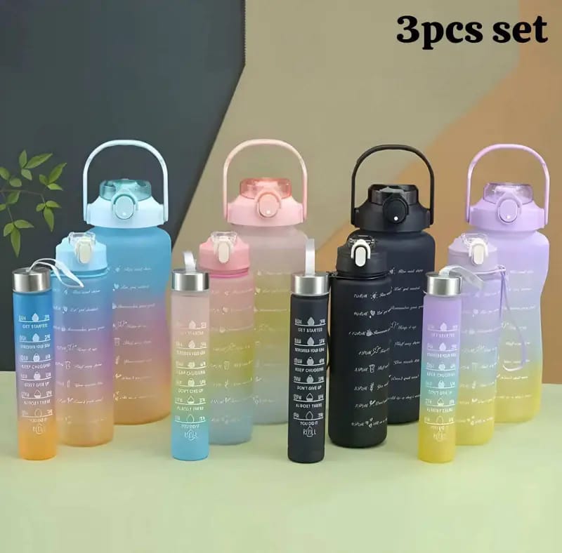 Large Capacity Gradient Motivational Sports Water Bottle Set β 3-Piece Leakproof BPA-Free Bottles
