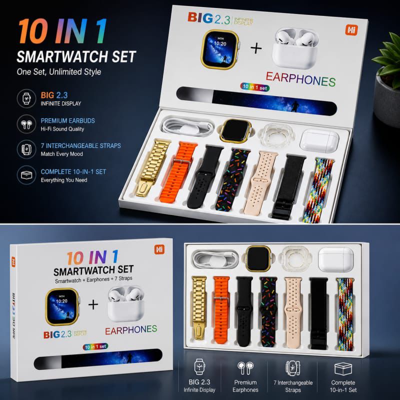 I20 Ultra Max Smart Watch Combo with Wireless Earbuds – 2.3” Display, 10 Straps, Magnetic Charger (10-in-1 Set)