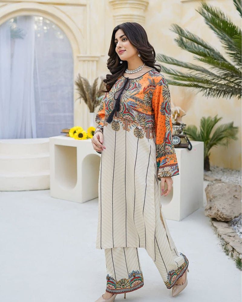 2Pc Swiss Lawn Digital Printed Suit – Long Shirt with Bell Bottom Trouser