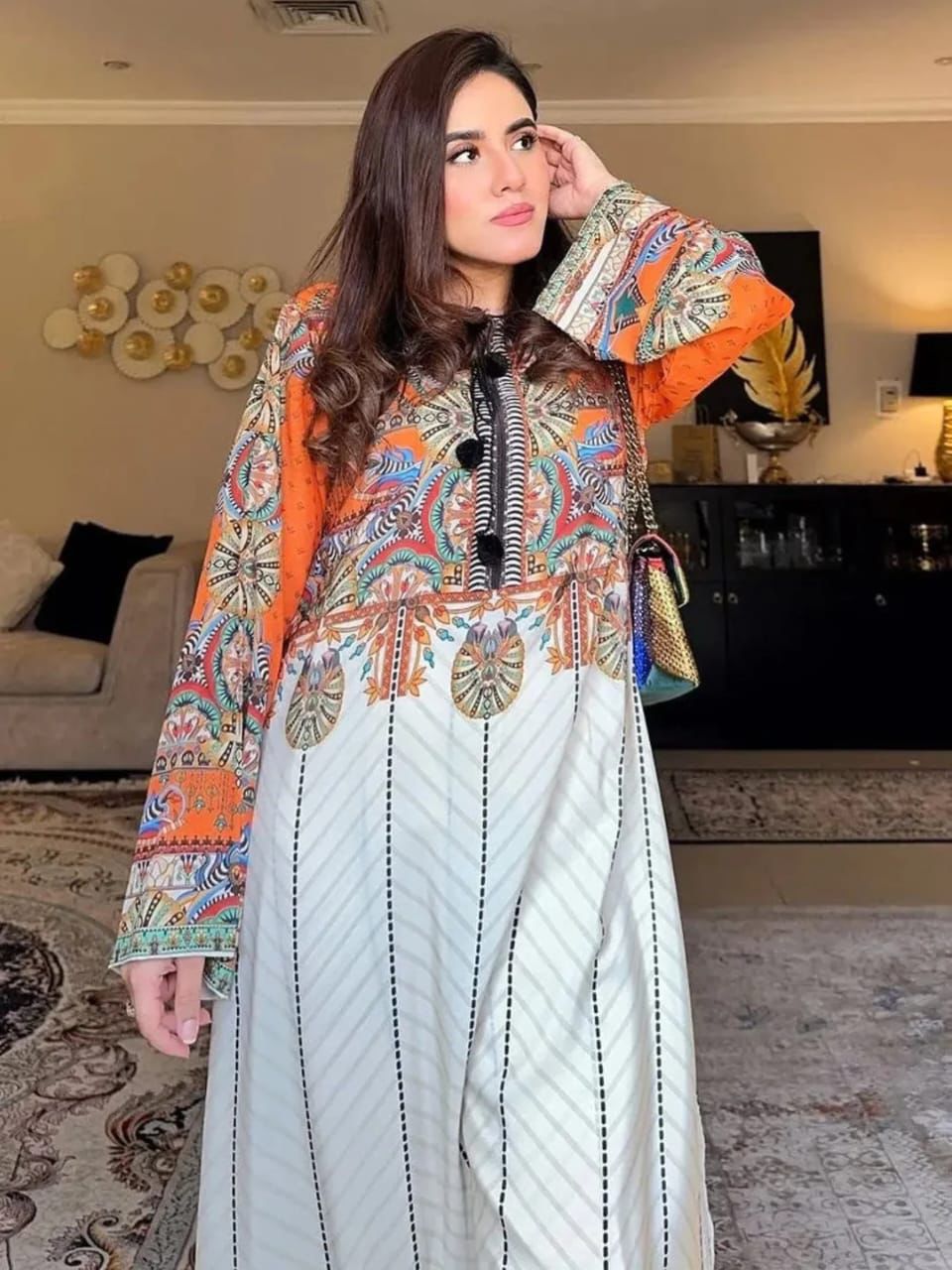 2Pc Swiss Lawn Digital Printed Suit – Long Shirt with Bell Bottom Trouser