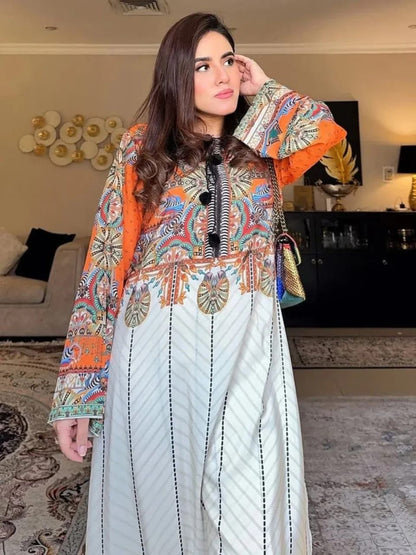 2Pc Swiss Lawn Digital Printed Suit – Long Shirt with Bell Bottom Trouser