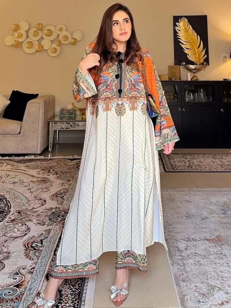 2Pc Swiss Lawn Digital Printed Suit – Long Shirt with Bell Bottom Trouser