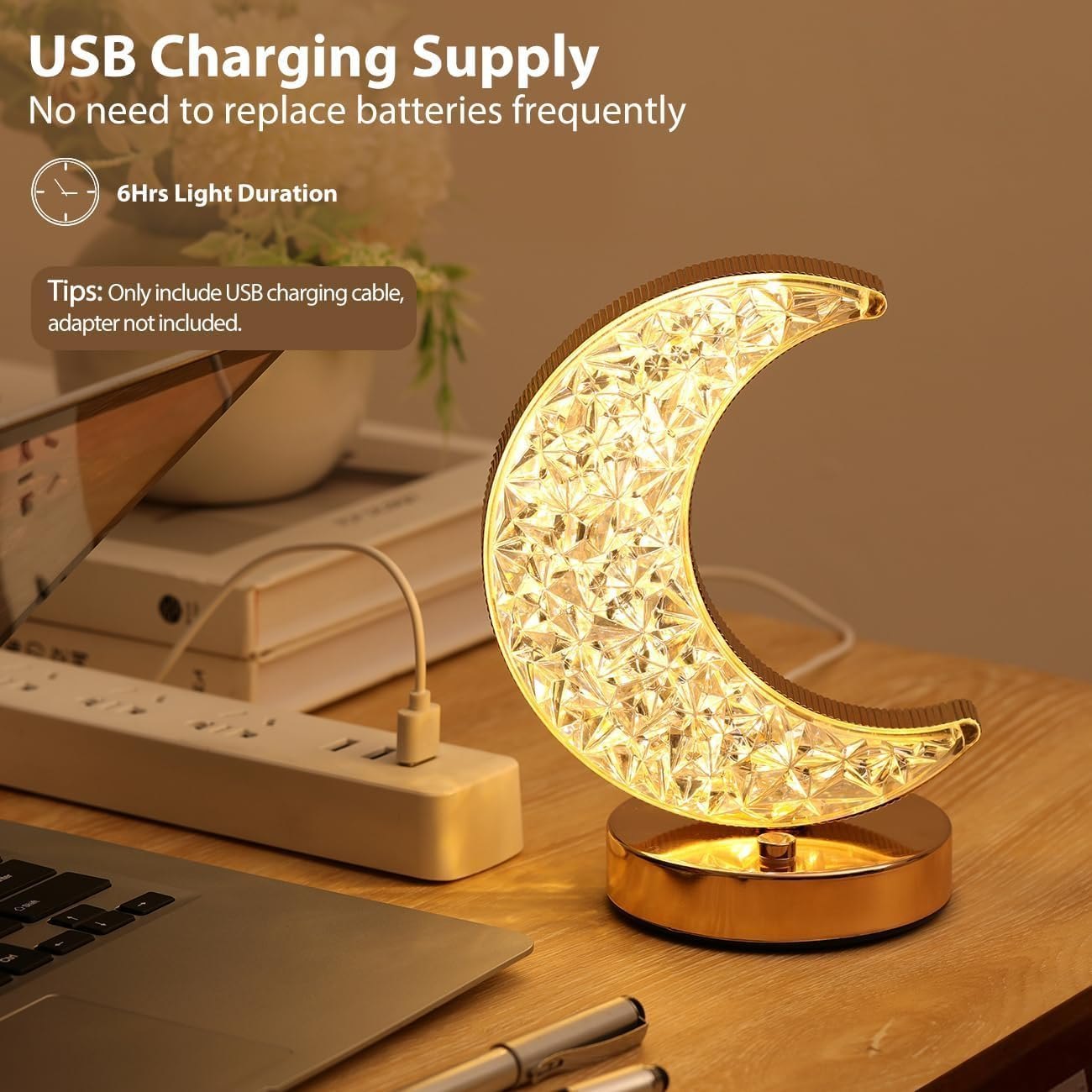 Moon Shape Crystal Table Lamp with 3 Light Modes - Touch Control LED Night Lamp