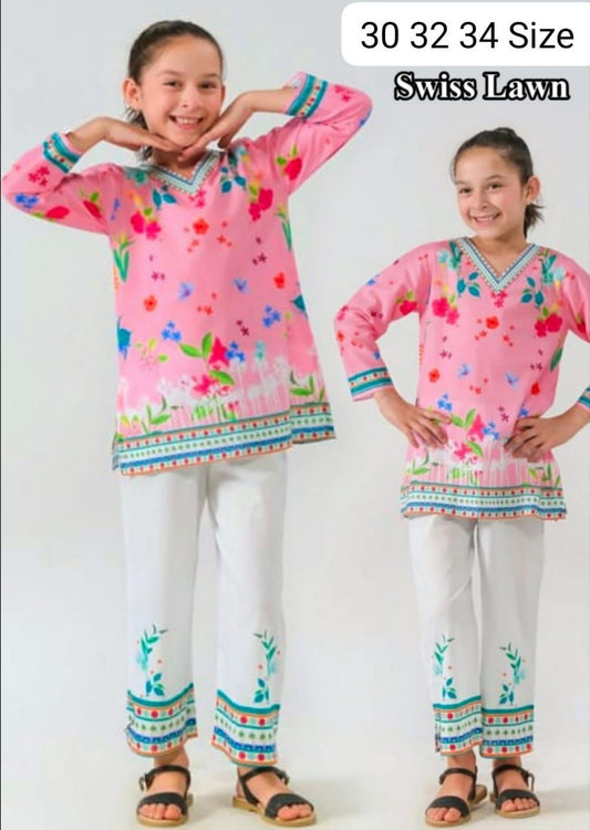 CO-ORD Set Kidz 2Pc Suit – Digital Print Shirt & Bell Bottom for Girls (Swiss Lawn)