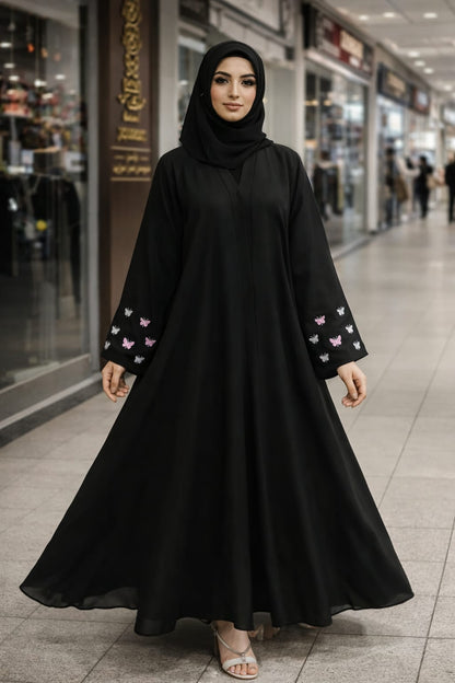 Georgette Front-Open Abaya | Intricate Sleeve Embroidery | High-Flare Ghera