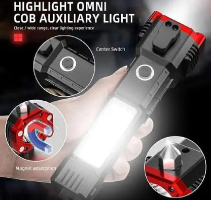 Rechargeable Tactical LED Flashlight with Emergency Hammer & Seatbelt Cutter