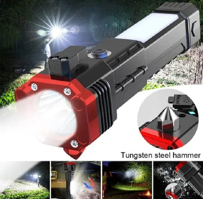 Rechargeable Tactical LED Flashlight with Emergency Hammer & Seatbelt Cutter
