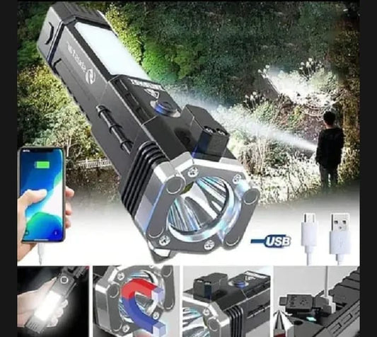 Rechargeable Tactical LED Flashlight with Emergency Hammer & Seatbelt Cutter