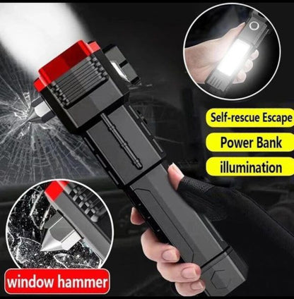 Rechargeable Tactical LED Flashlight with Emergency Hammer & Seatbelt Cutter
