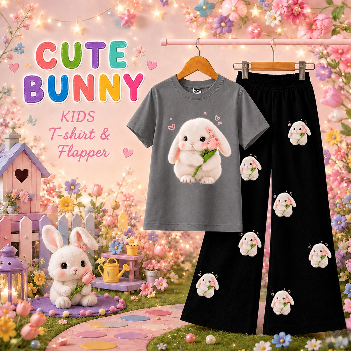 Cute Bunny Kids T-Shirt & Trouser Set | Adorable 2-Piece Outfit