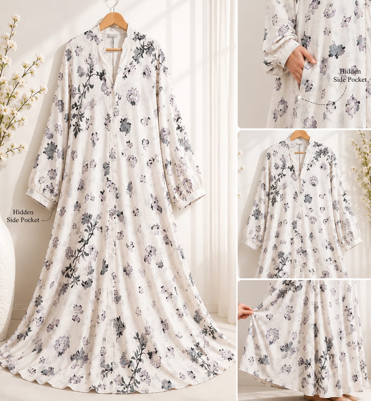 3D Printed Front Open Georgette Abaya with Hidden Pockets | Crinkle-Free | Summer & Umrah Wear