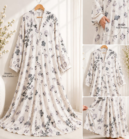 3D Printed Front Open Georgette Abaya with Hidden Pockets | Crinkle-Free | Summer & Umrah Wear