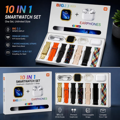 I20 Ultra Max Smart Watch Combo with Wireless Earbuds – 2.3” Display, 10 Straps, Magnetic Charger (10-in-1 Set)