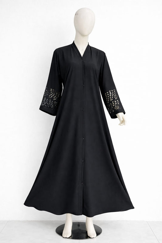 Plain Front Open Abaya with Laser Cut Sleeves – Premium Georgette | Elegant Modest Wear