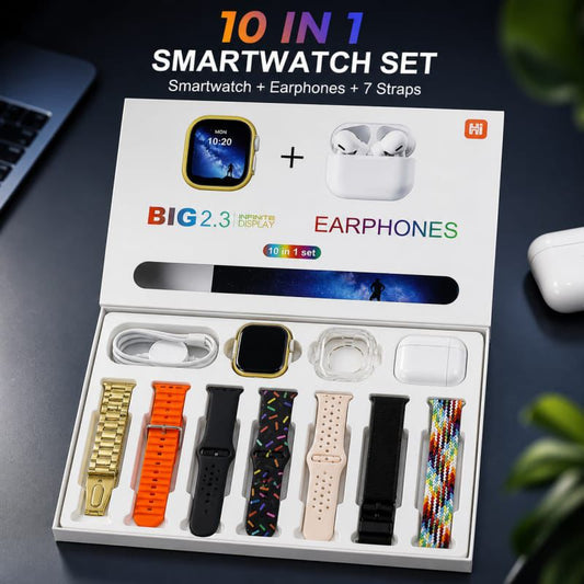 I20 Ultra Max Smart Watch Combo with Wireless Earbuds – 2.3” Display, 10 Straps, Magnetic Charger (10-in-1 Set)