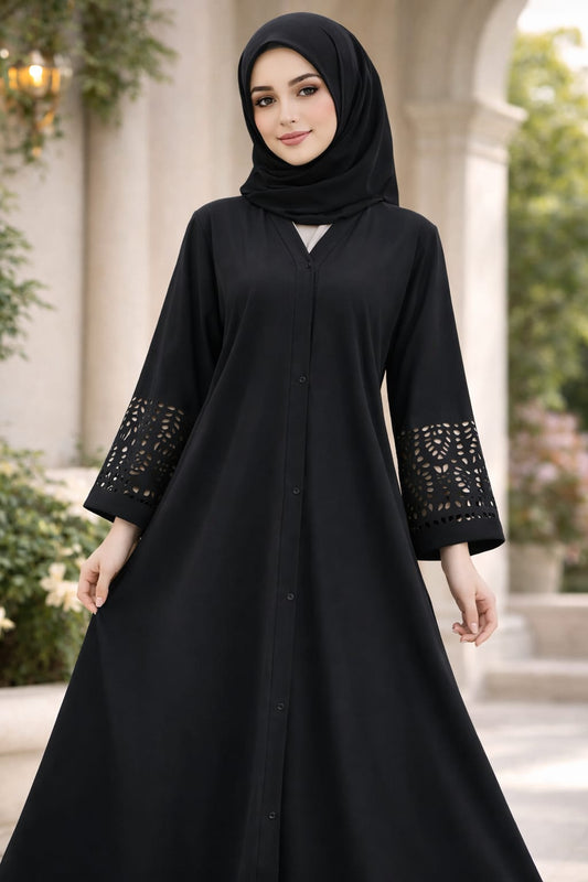 Plain Front Open Abaya with Laser Cut Sleeves – Premium Georgette | Elegant Modest Wear