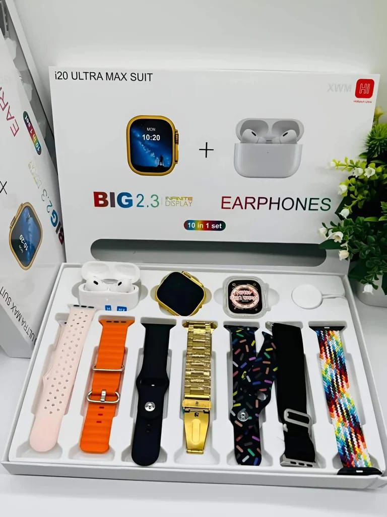 I20 Ultra Max Smart Watch Combo with Wireless Earbuds – 2.3” Display, 10 Straps, Magnetic Charger (10-in-1 Set)