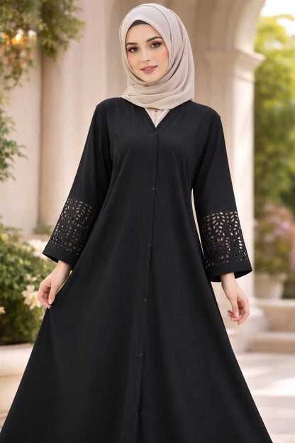 Plain Front Open Abaya with Laser Cut Sleeves – Premium Georgette | Elegant Modest Wear