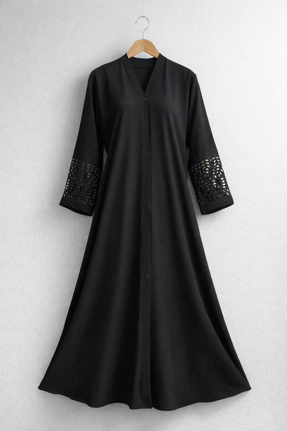 Plain Front Open Abaya with Laser Cut Sleeves – Premium Georgette | Elegant Modest Wear